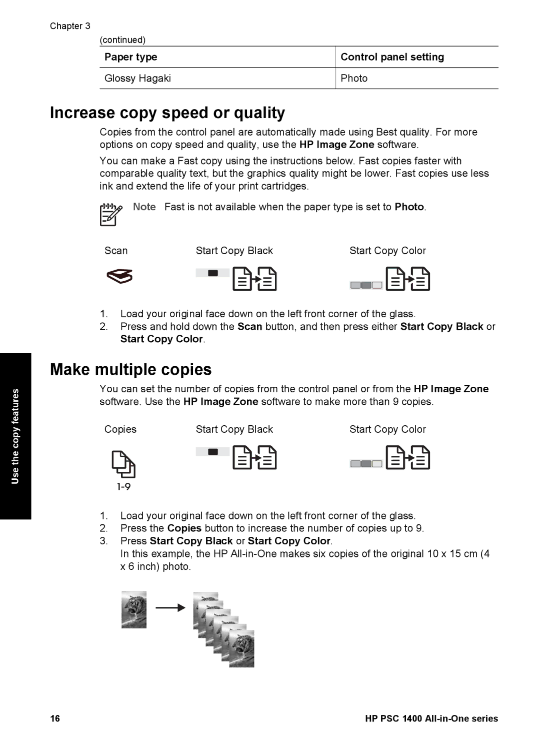 HP 1400 manual Increase copy speed or quality, Make multiple copies, Paper type Control panel setting Glossy Hagaki Photo 