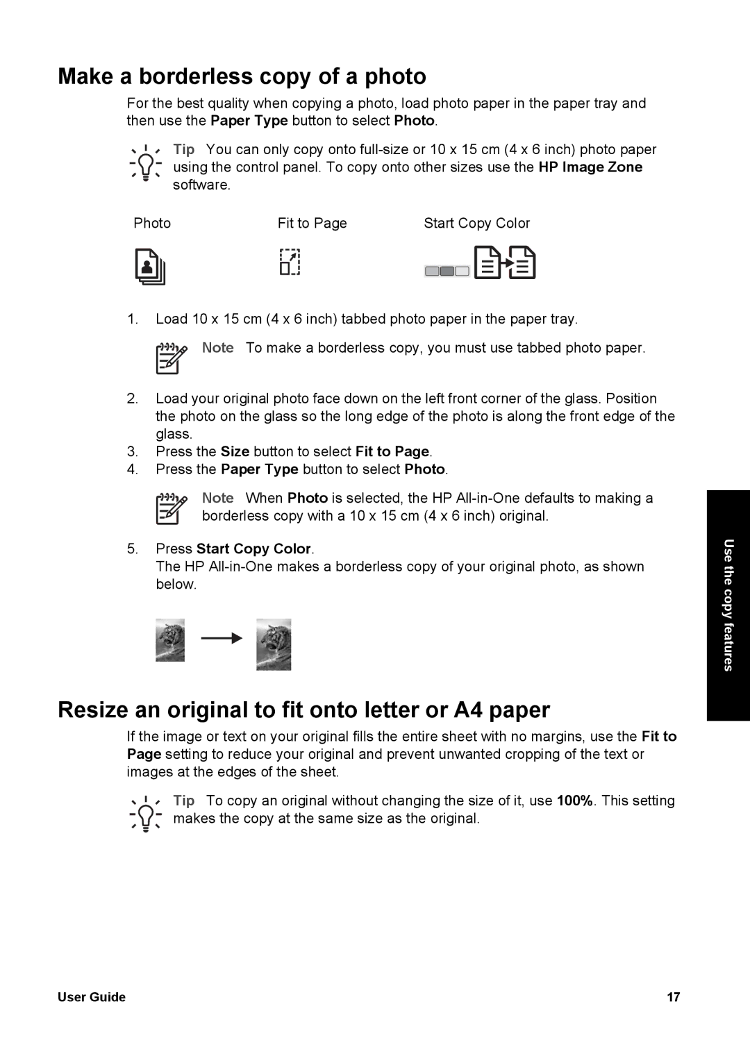 HP 1400 manual Make a borderless copy of a photo, Resize an original to fit onto letter or A4 paper, Press Start Copy Color 