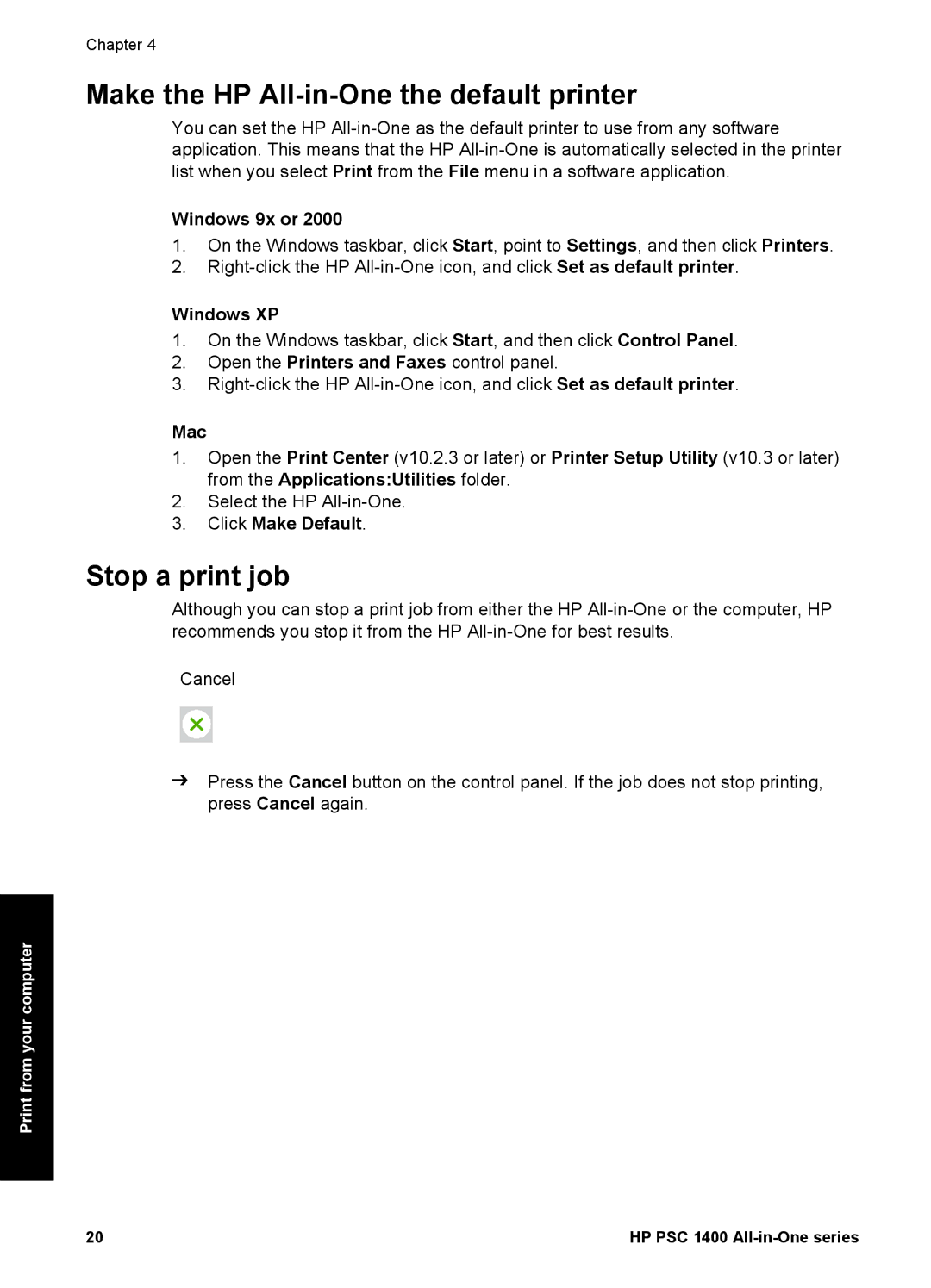 HP 1400 manual Make the HP All-in-One the default printer, Stop a print job 