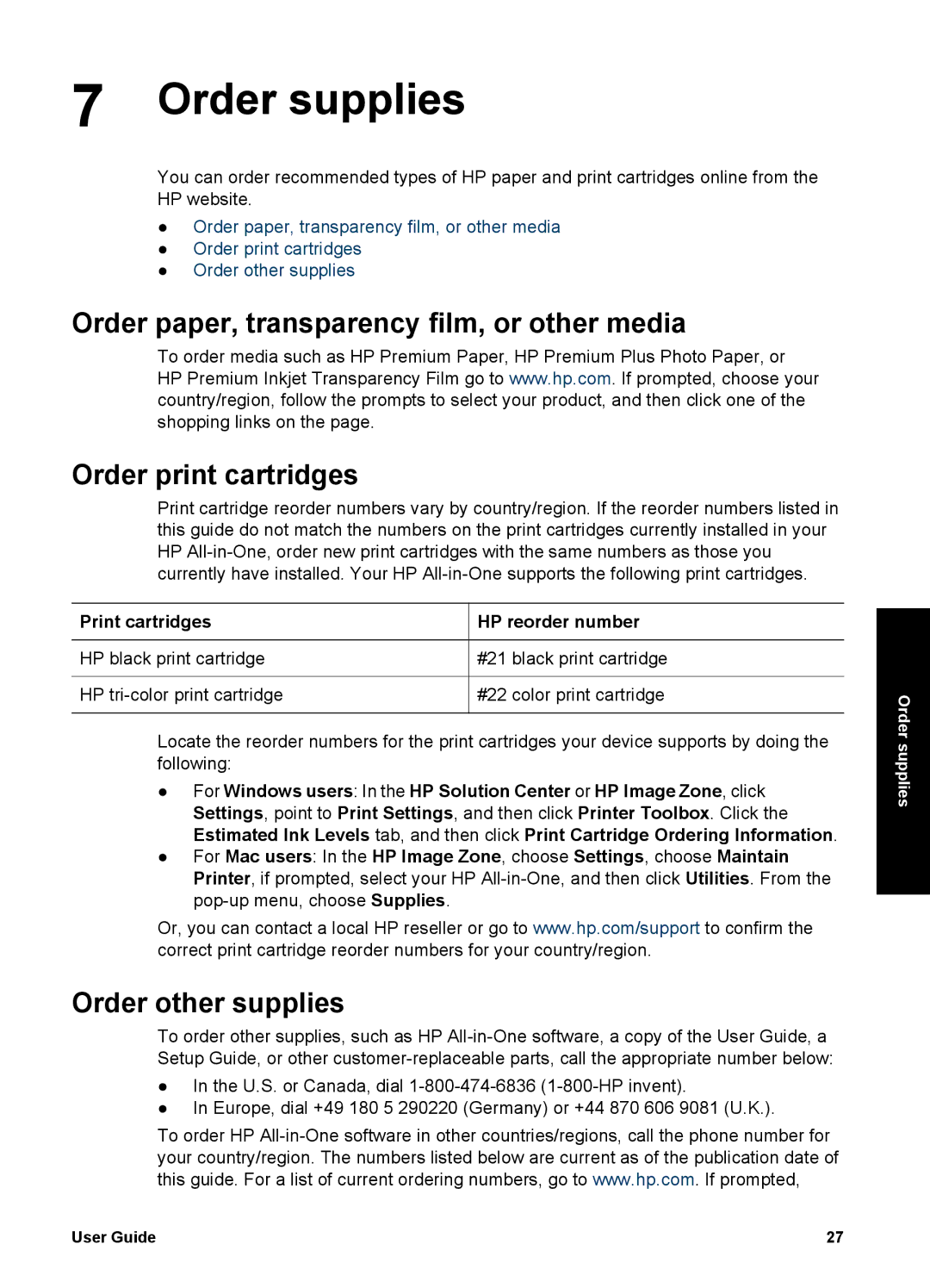 HP 1400 manual Order supplies, Order other supplies, Print cartridges HP reorder number 