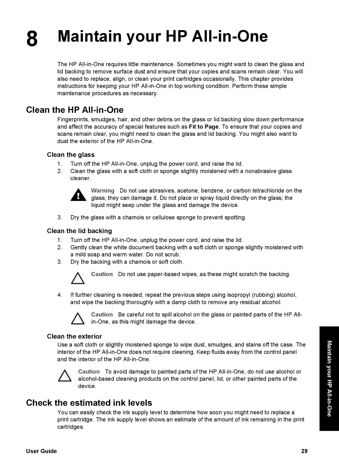 HP 1400 manual Maintain your HP All-in-One, Clean the HP All-in-One, Check the estimated ink levels 