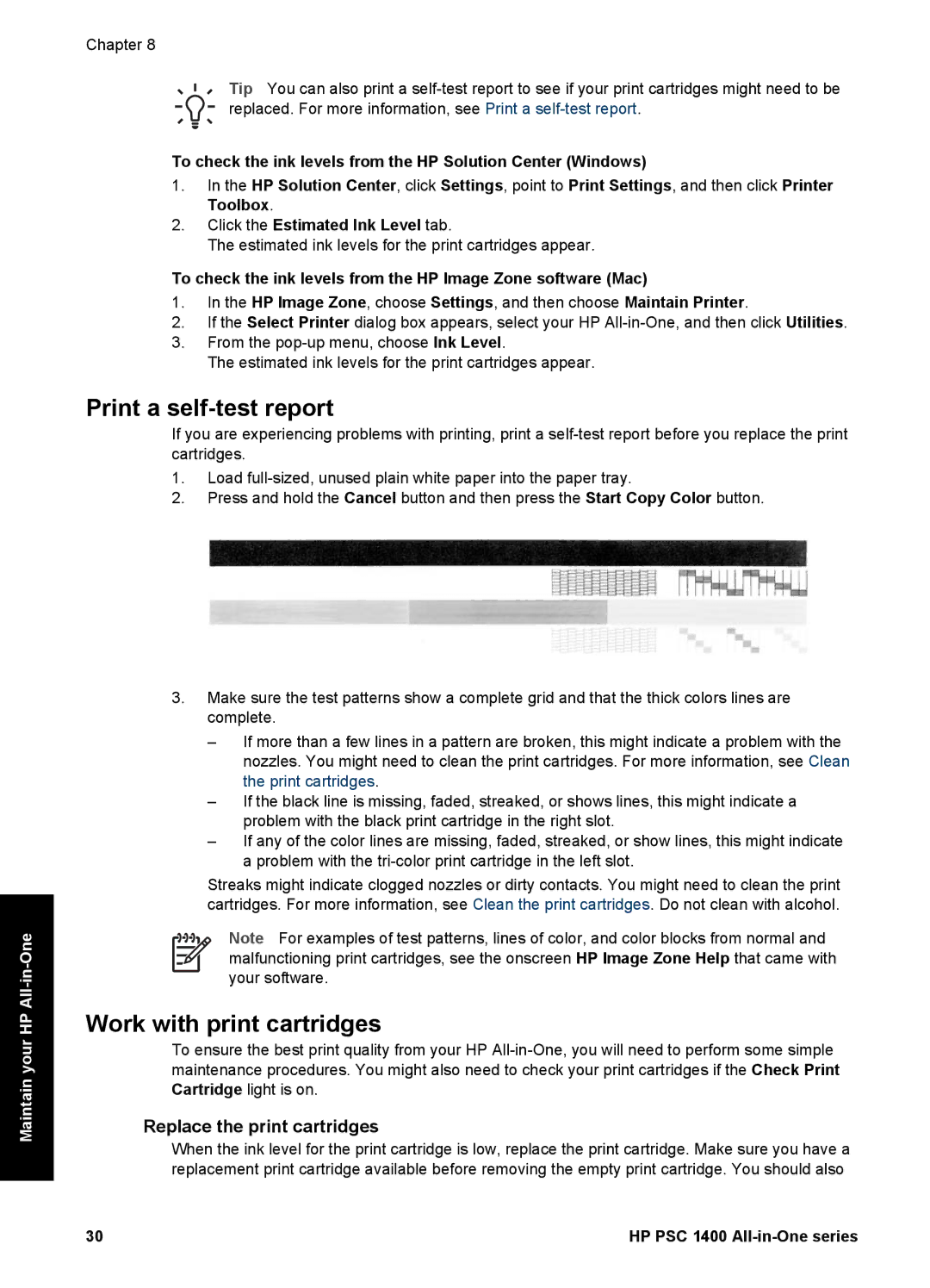 HP 1400 manual Print a self-test report, Work with print cartridges, Replace the print cartridges 