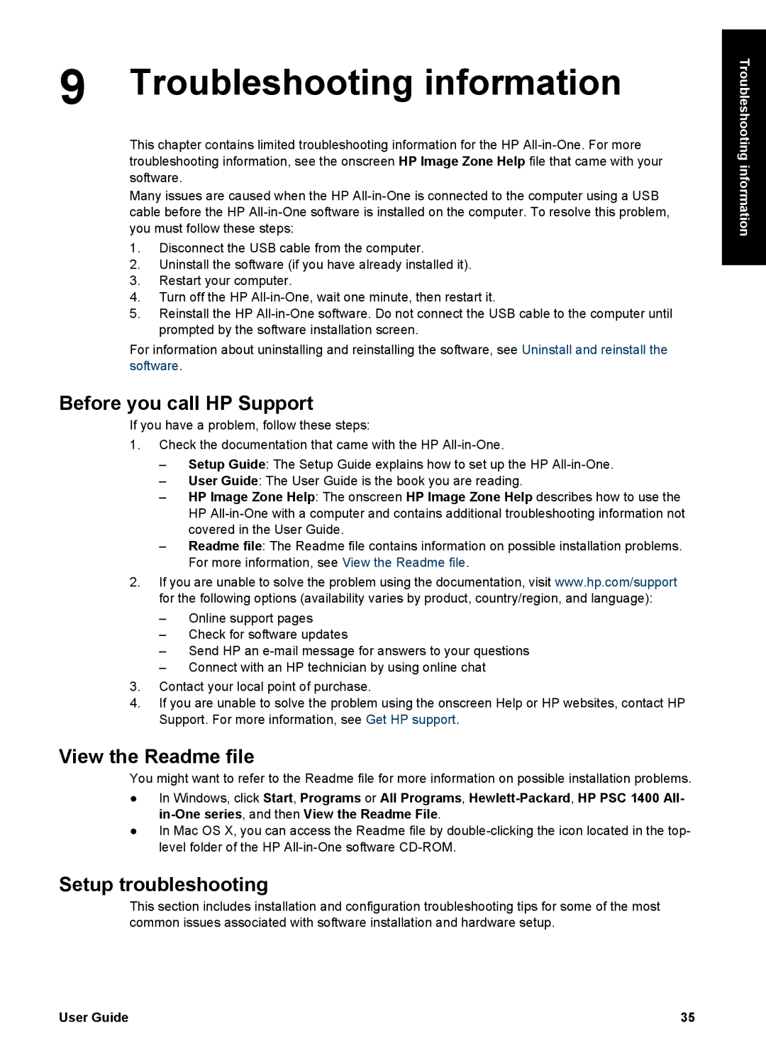 HP 1400 manual Troubleshooting information, Before you call HP Support, View the Readme file, Setup troubleshooting 