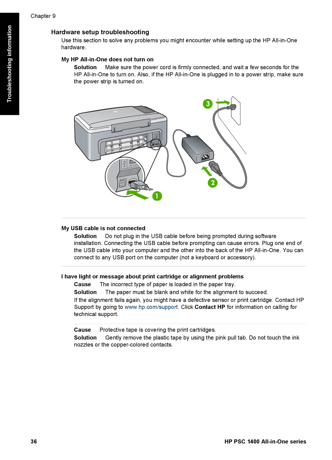 HP 1400 manual Hardware setup troubleshooting, My HP All-in-One does not turn on, My USB cable is not connected 