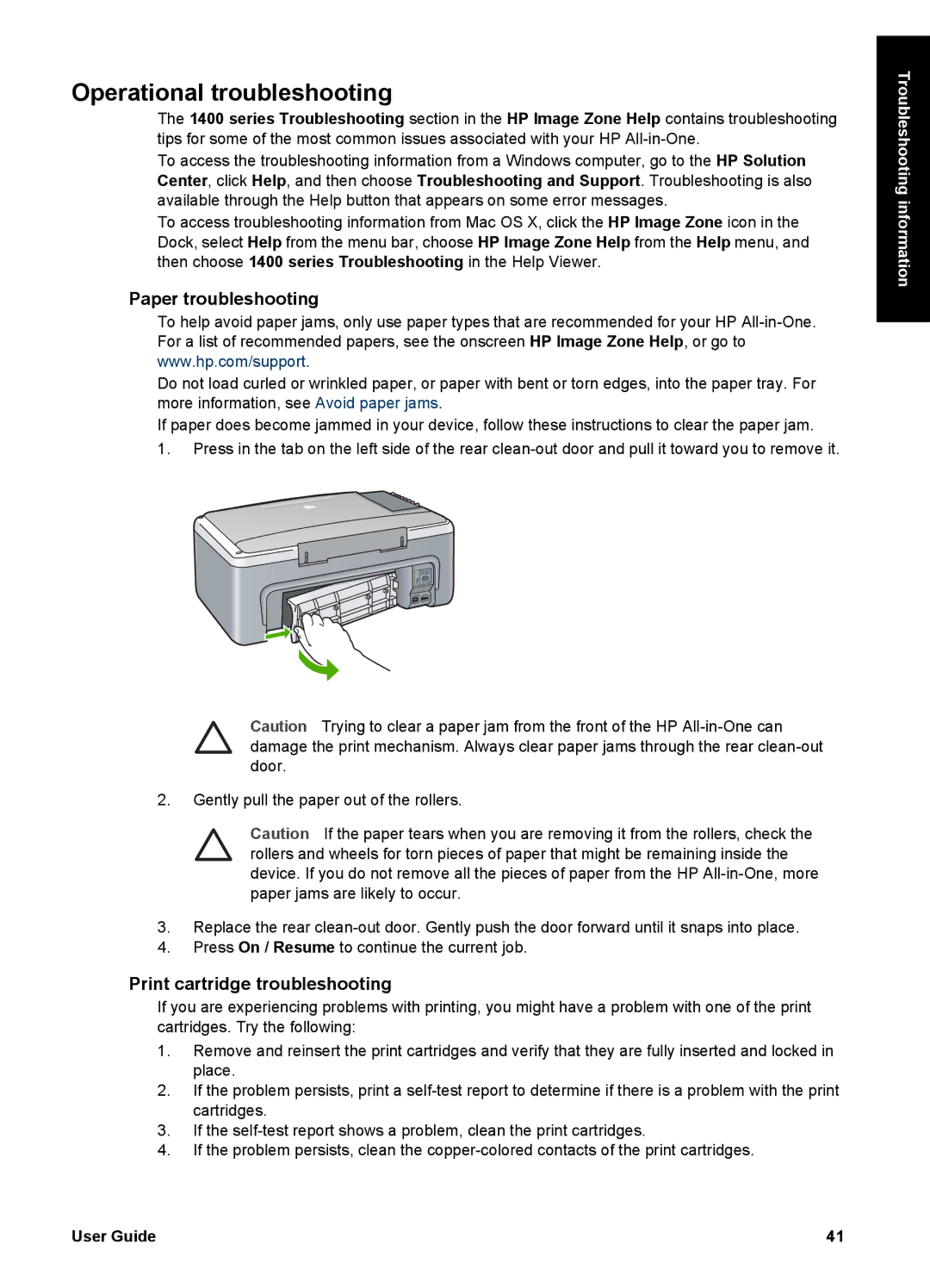 HP 1400 manual Operational troubleshooting, Paper troubleshooting, Print cartridge troubleshooting 