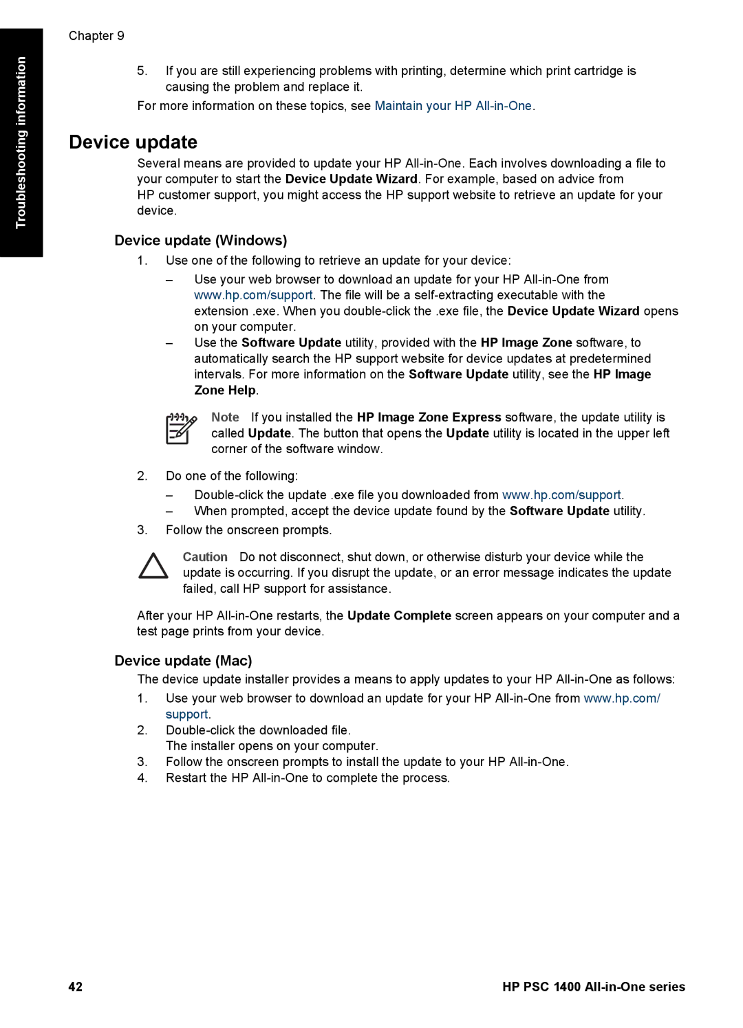 HP 1400 manual Device update Windows, Device update Mac 