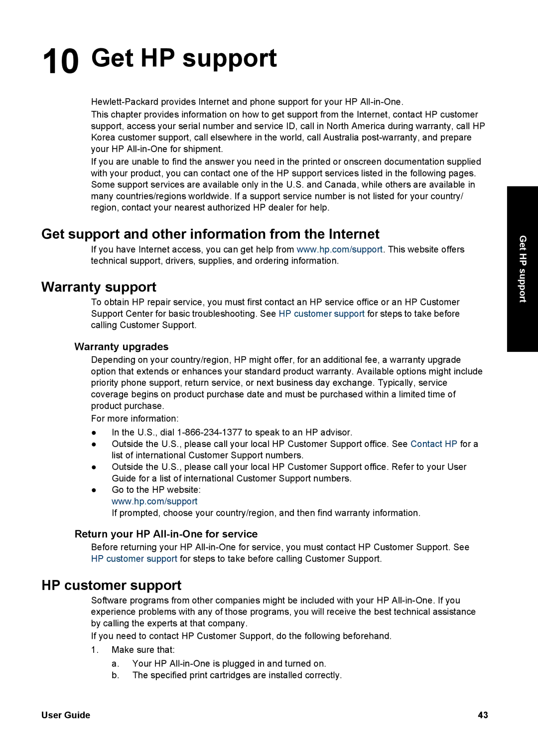 HP 1400 manual Get HP support, HP customer support, Warranty upgrades, Return your HP All-in-One for service 