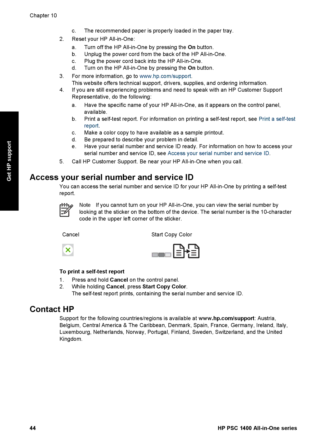 HP 1400 manual Access your serial number and service ID, Contact HP, To print a self-test report 