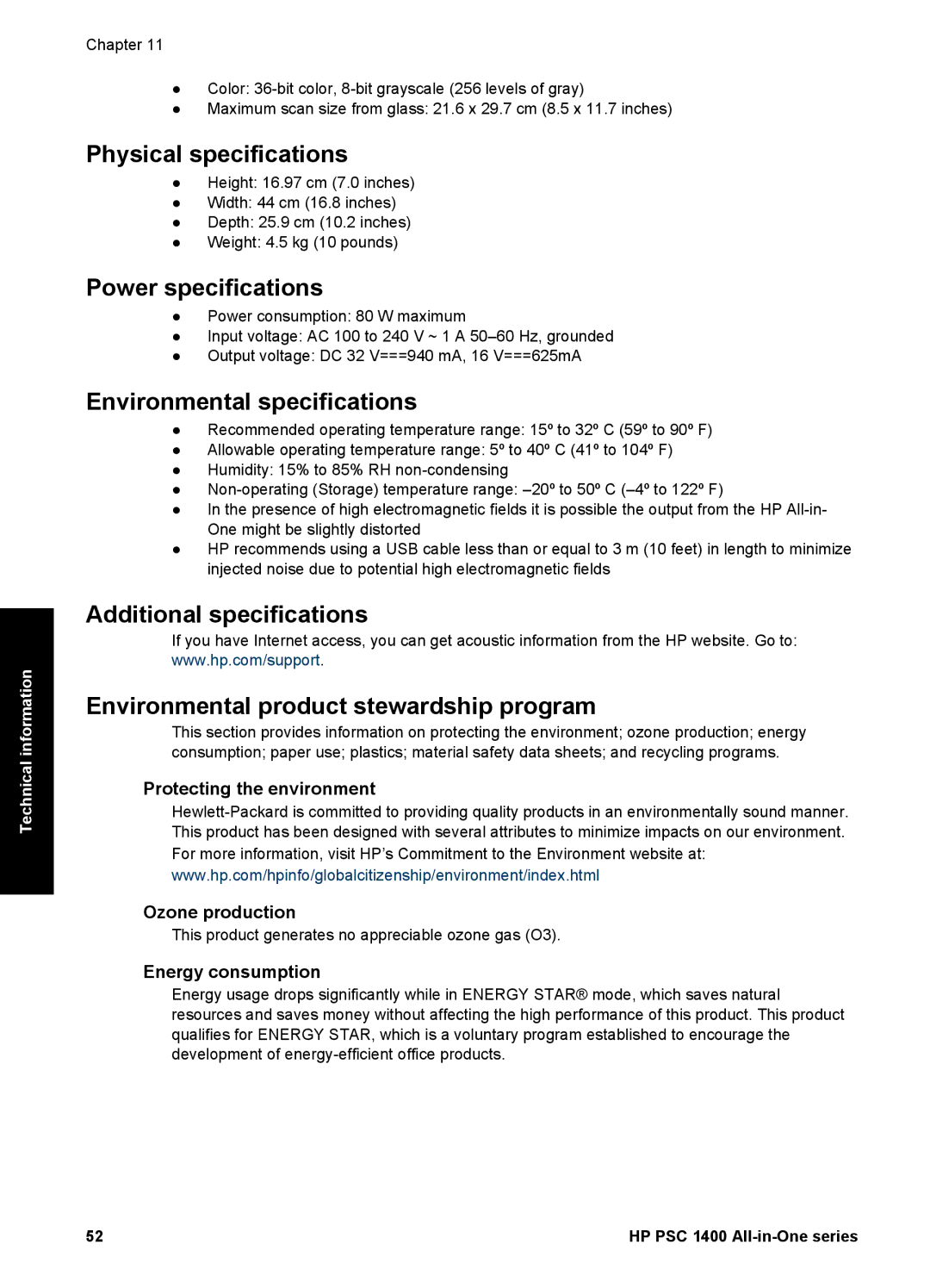 HP 1400 manual Physical specifications, Power specifications, Environmental specifications, Energy consumption 