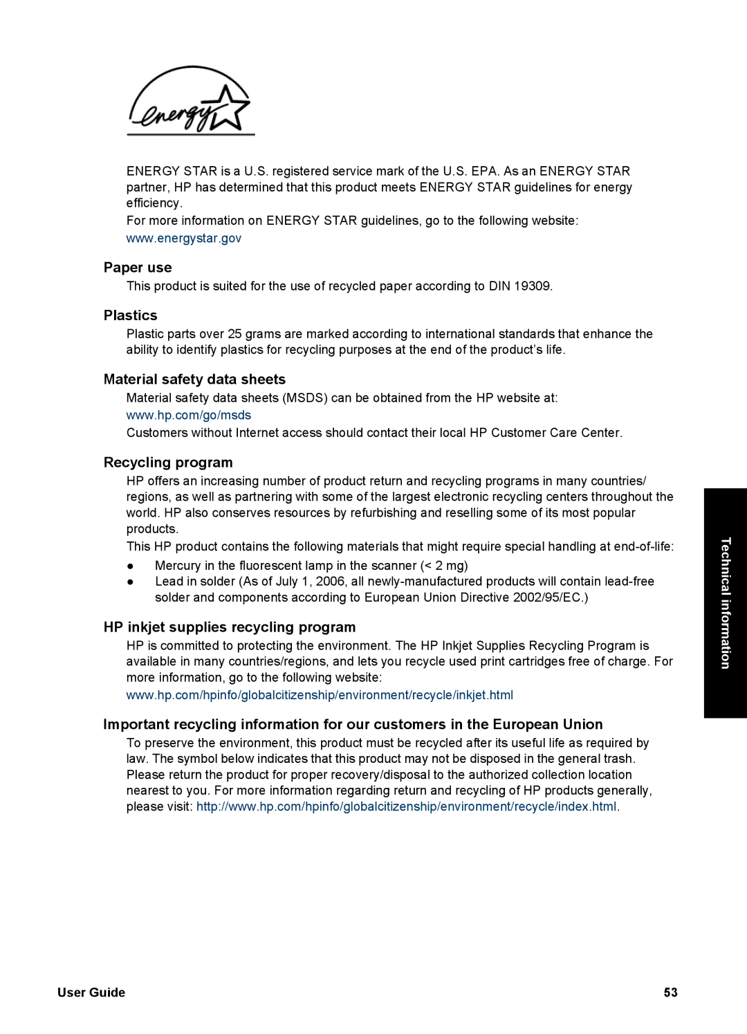 HP 1400 manual Paper use, Plastics, Material safety data sheets, Recycling program 