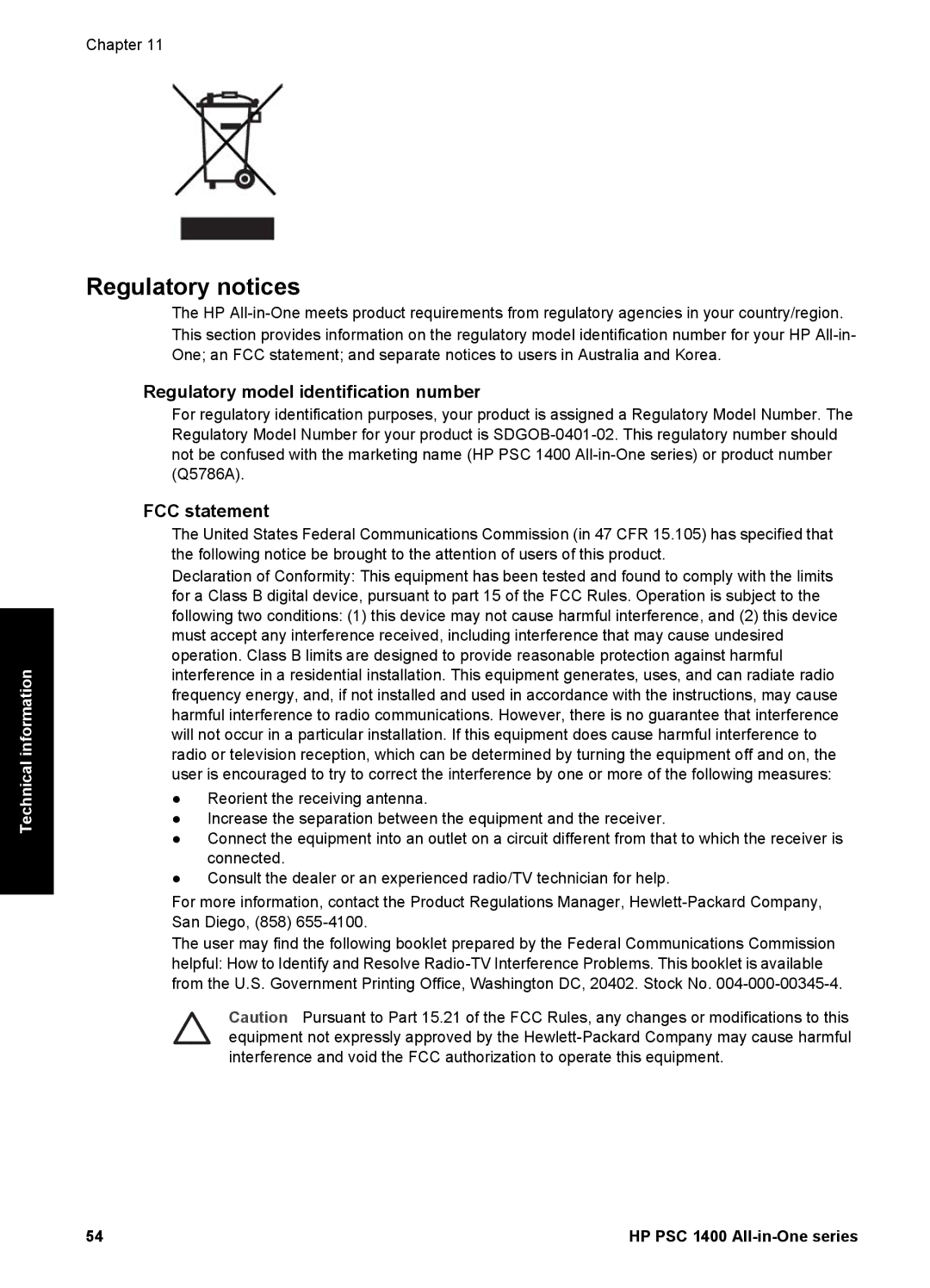 HP 1400 manual Regulatory notices, Regulatory model identification number, FCC statement 