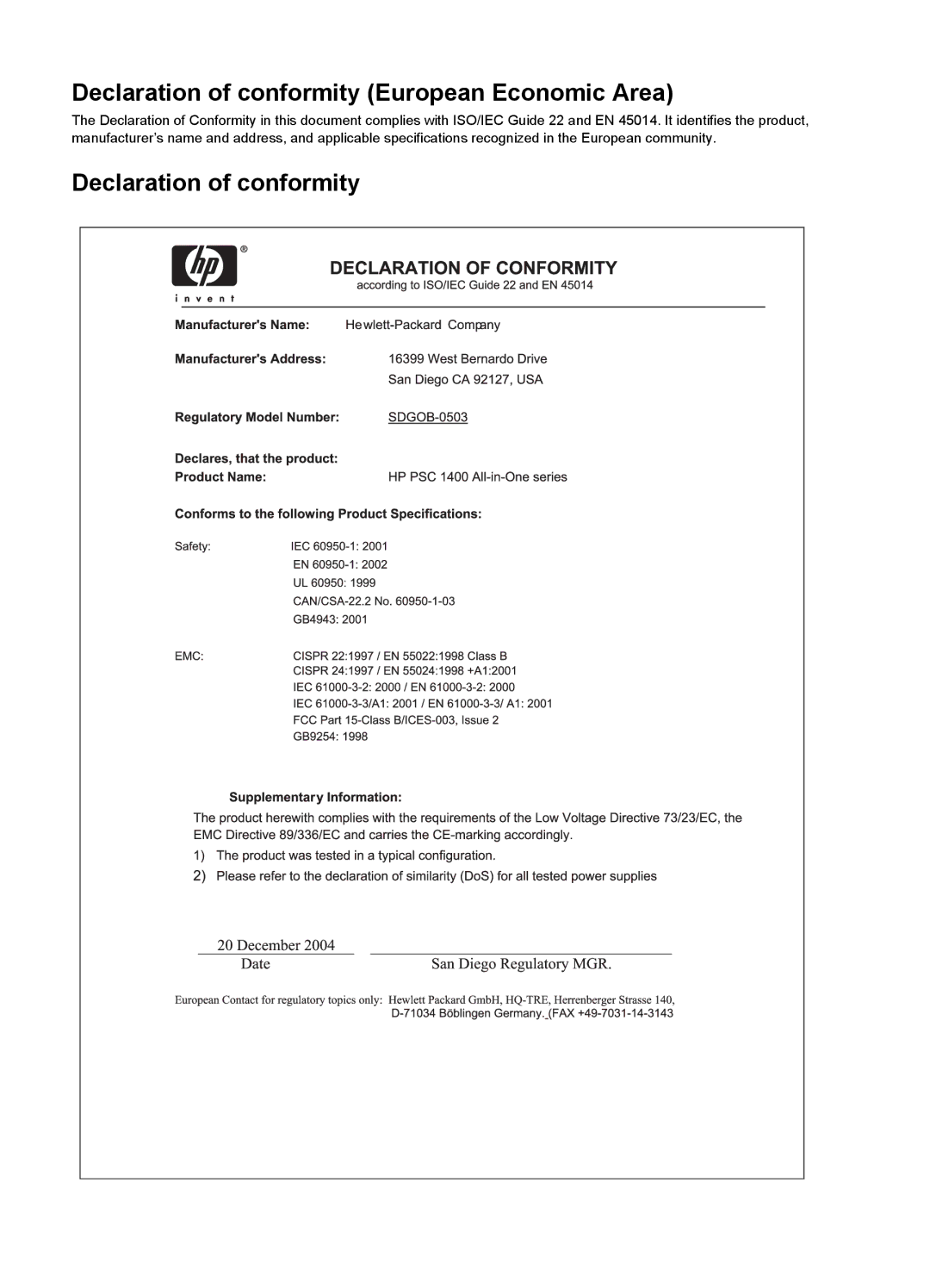 HP 1400 manual Declaration of conformity European Economic Area 