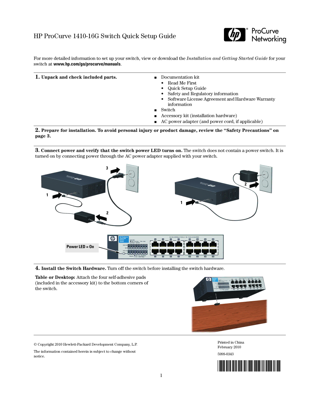 HP manual HP ProCurve 1410-16G Switch Quick Setup Guide, Unpack and check included parts 