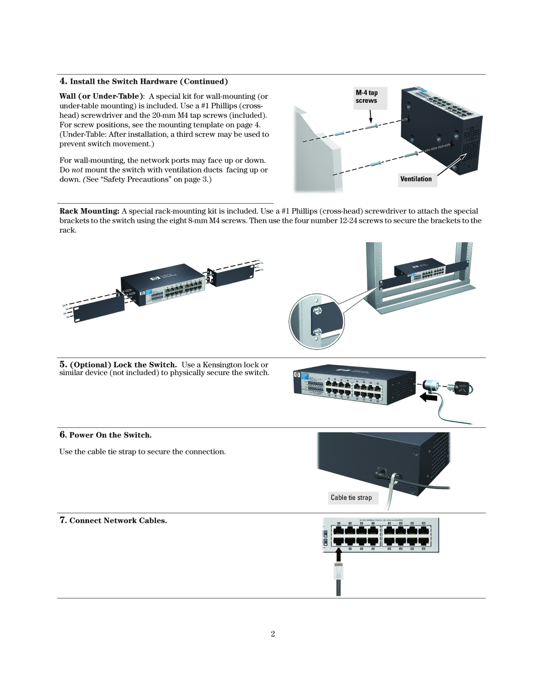 HP 1410-16G manual Install the Switch Hardware, Power On the Switch, Connect Network Cables 