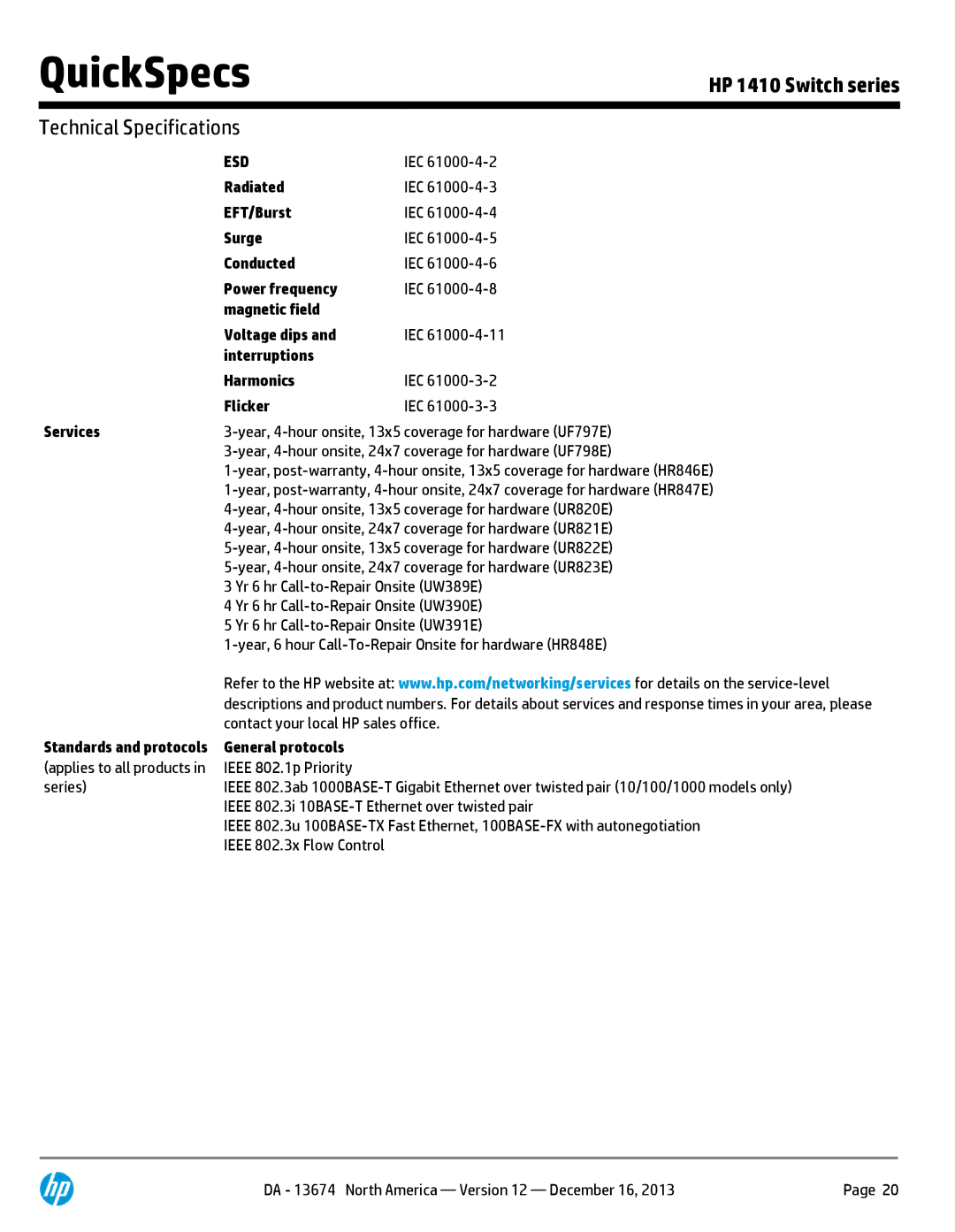 HP 1410-24G Gigabit Ethernet J9561A#ABA manual General protocols Ieee 802.1p Priority 