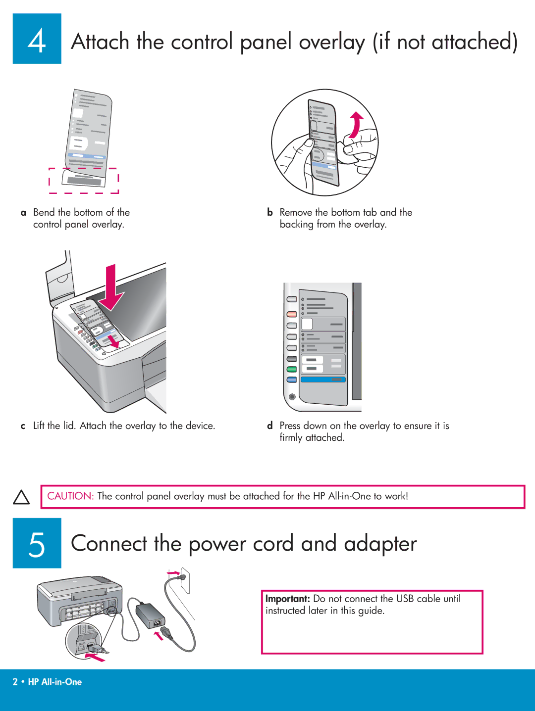 HP 1410v, 1410xi, 1402 manual Attach the control panel overlay if not attached, Connect the power cord and adapter 