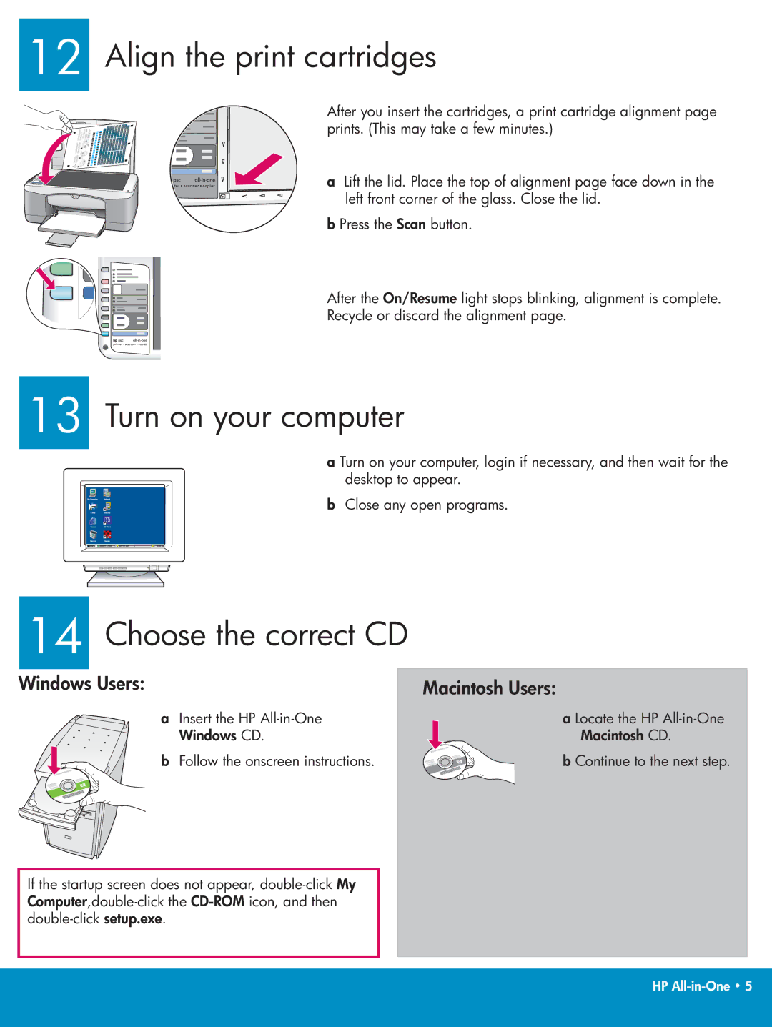 HP 1410v, 1410xi, 1402 manual Align the print cartridges, Turn on your computer, Choose the correct CD 