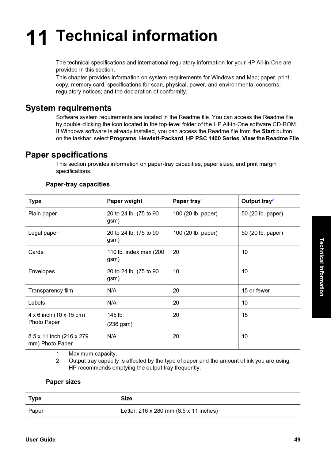 HP 1410xi, 1417 manual Technical information, System requirements, Paper specifications, Paper-tray capacities, Paper sizes 