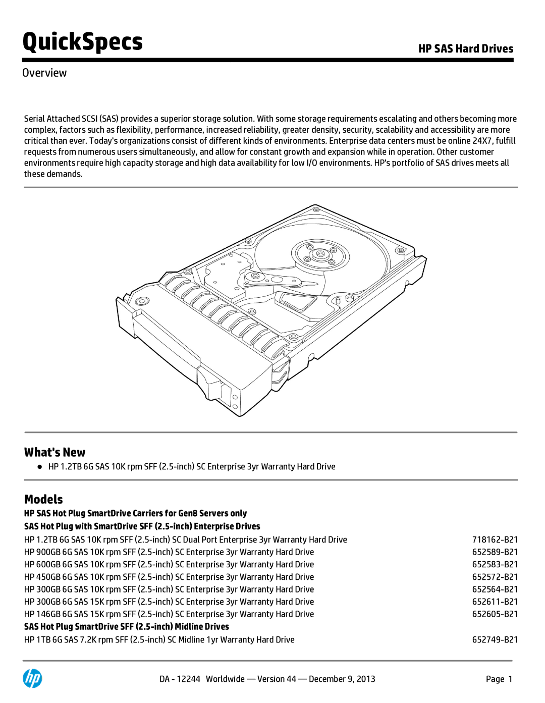 HP 146 GB 2.5' Internal Hard Drive 652605-S21 manual Whats New, Models 