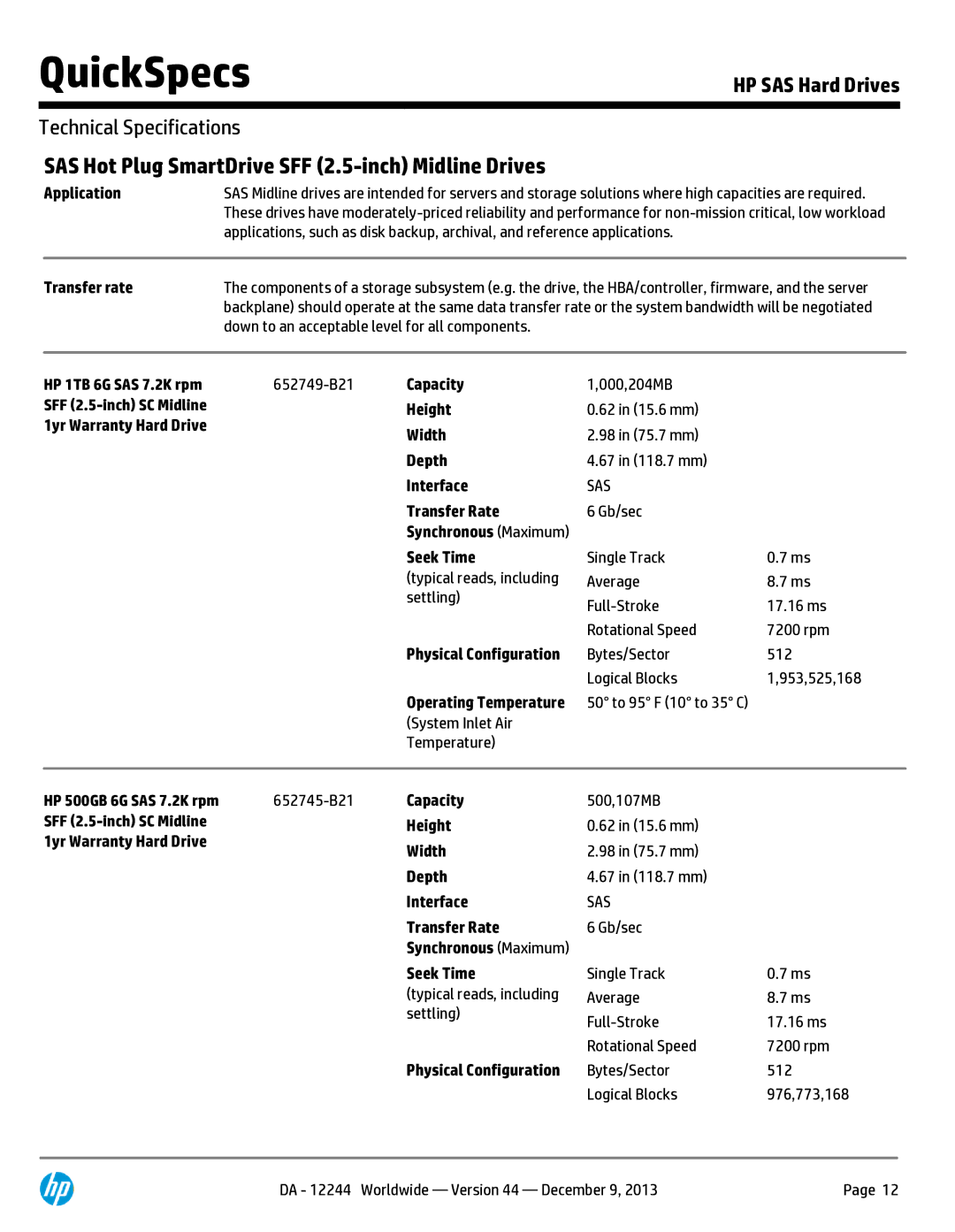 HP 146 GB 2.5' Internal Hard Drive 652605-S21 manual SAS Hot Plug SmartDrive SFF 2.5-inch Midline Drives 