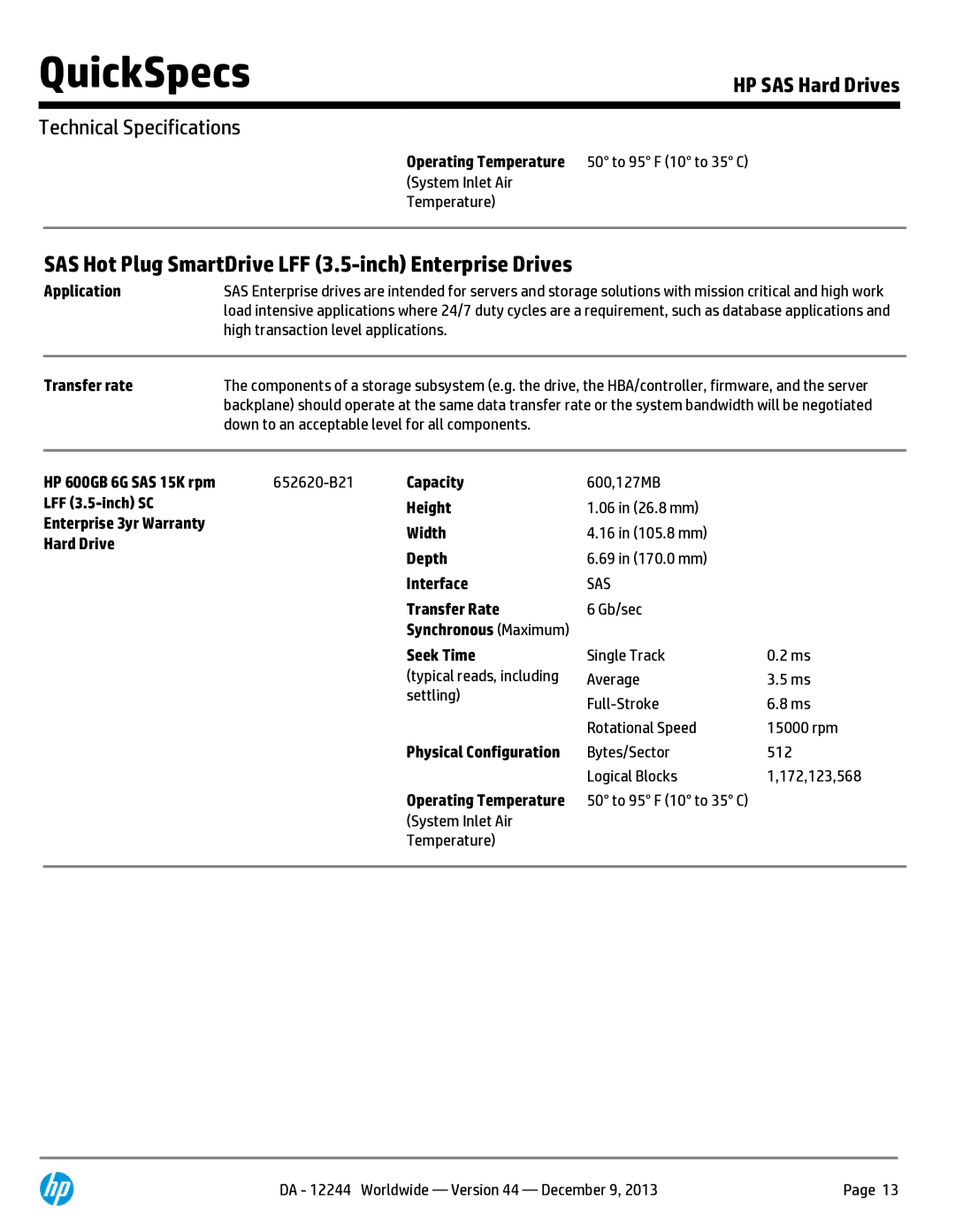 HP 146 GB 2.5' Internal Hard Drive 652605-S21 manual SAS Hot Plug SmartDrive LFF 3.5-inch Enterprise Drives 