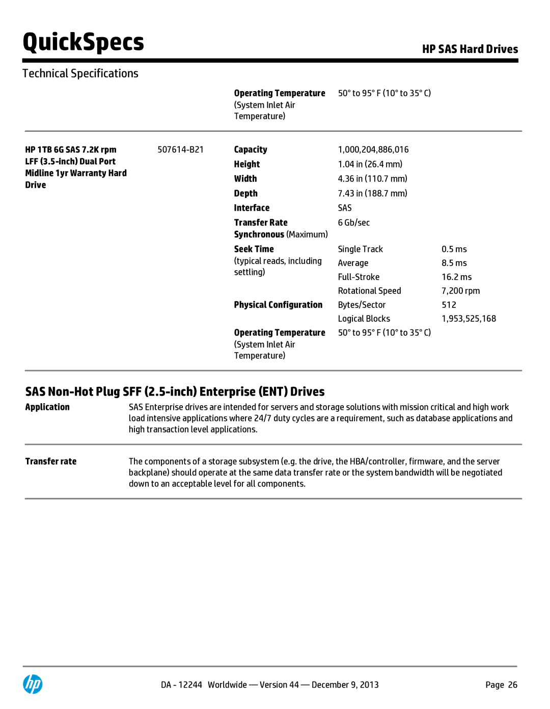 HP 146 GB 2.5' Internal Hard Drive 652605-S21 SAS Non-Hot Plug SFF 2.5-inch Enterprise ENT Drives, 50 to 95 F 10 to 35 C 