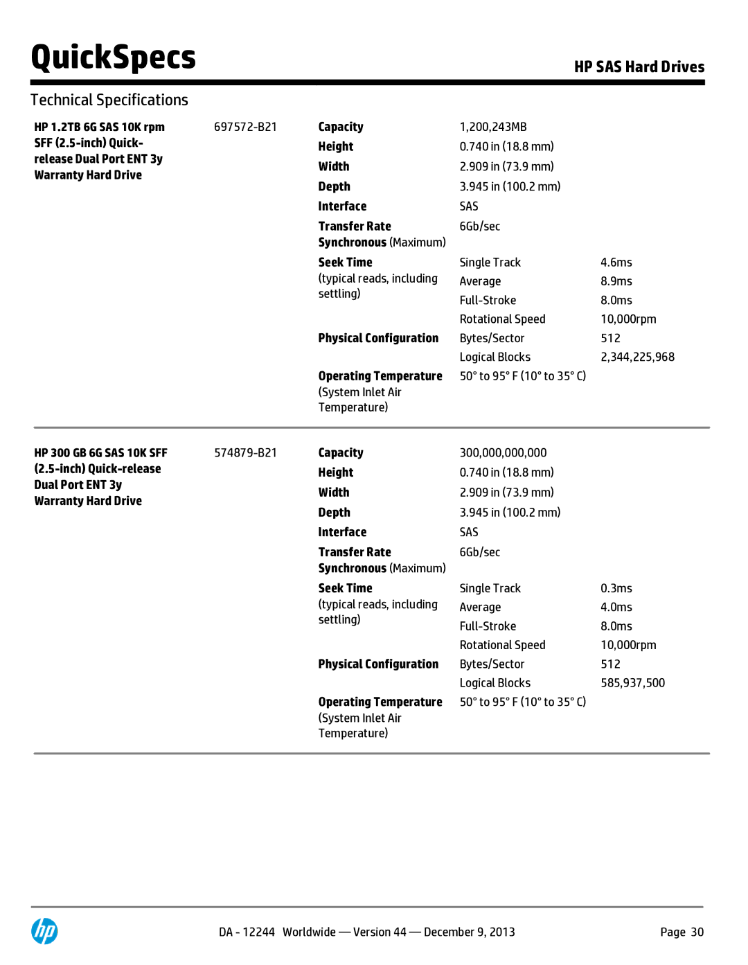 HP 146 GB 2.5' Internal Hard Drive 652605-S21 manual Release Dual Port ENT 3y Width 