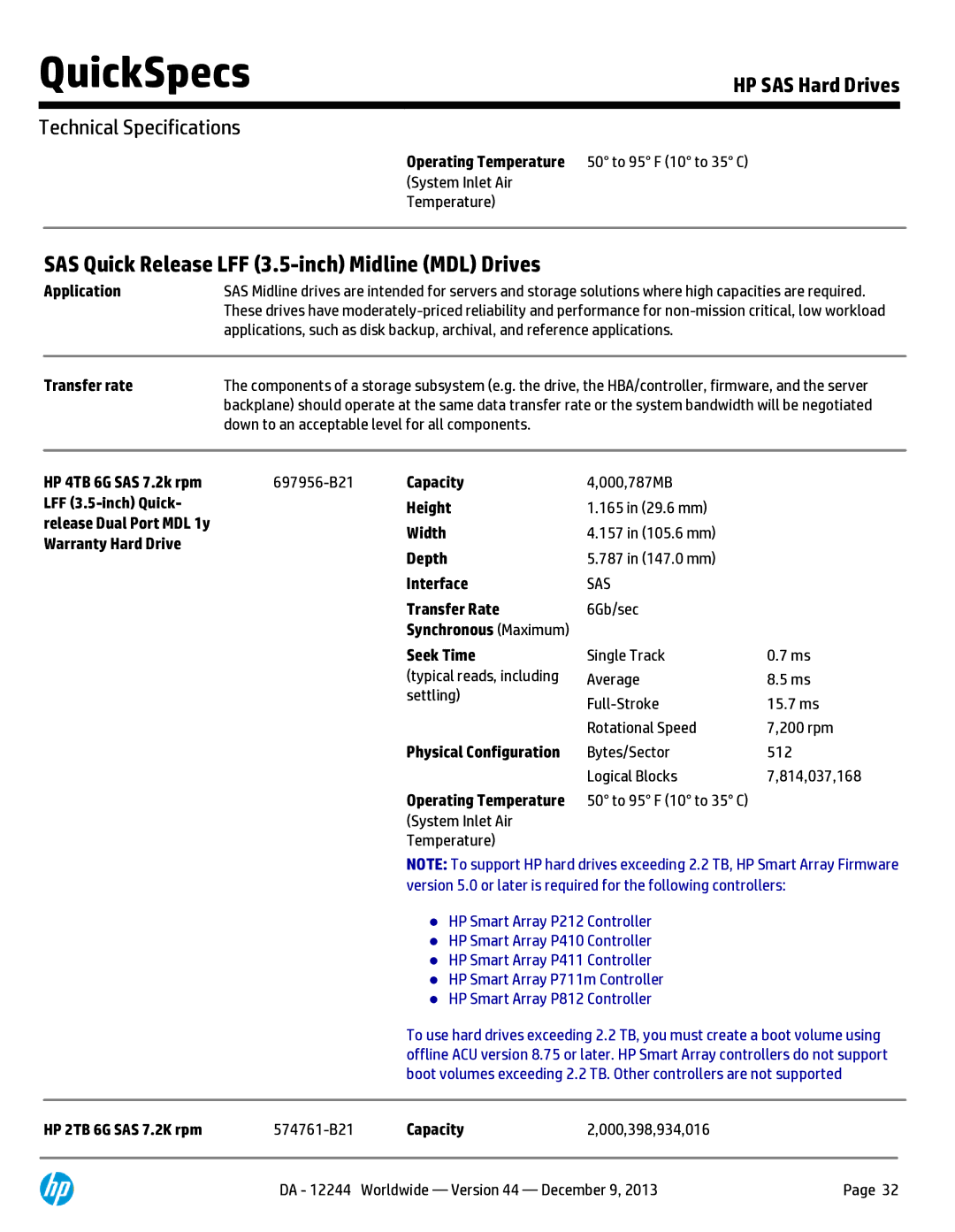 HP 146 GB 2.5' Internal Hard Drive 652605-S21 manual SAS Quick Release LFF 3.5-inch Midline MDL Drives 