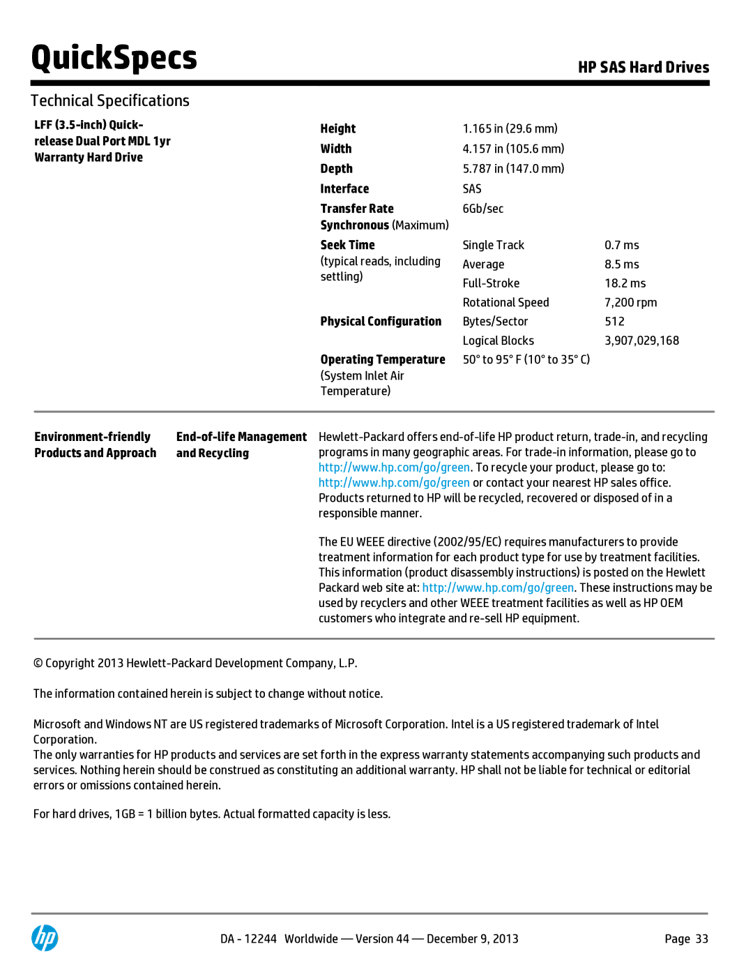 HP 146 GB 2.5' Internal Hard Drive 652605-S21 manual Environment-friendly, Products and Approach Recycling 