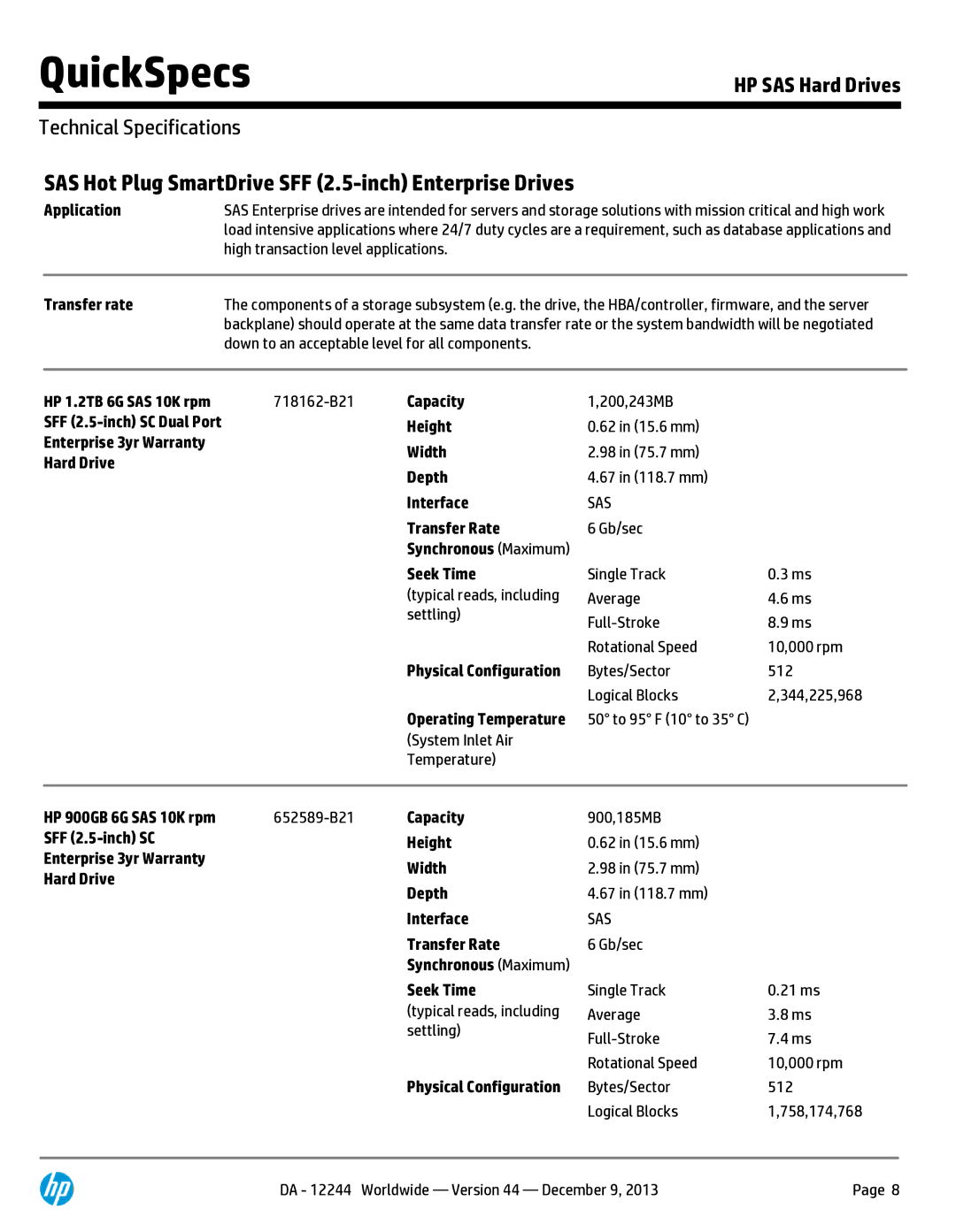 HP 146 GB 2.5' Internal Hard Drive 652605-S21 manual SAS Hot Plug SmartDrive SFF 2.5-inch Enterprise Drives 