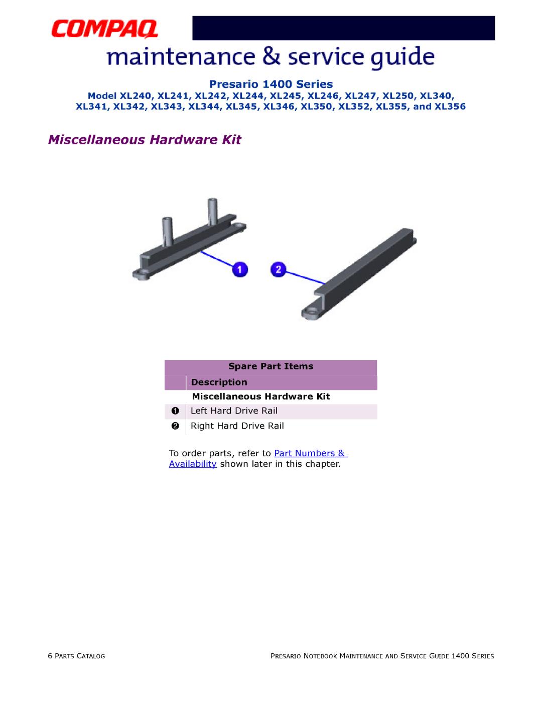 HP 14XL352, 14XL250, 14XL355, 14XL246, 14XL242 manual Spare Part Items Description Miscellaneous Hardware Kit 