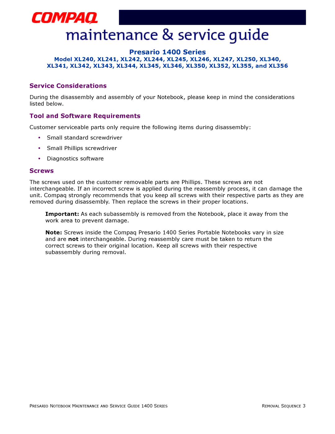 HP 14XL355, 14XL352, 14XL250, 14XL246, 14XL242 manual Service Considerations, Tool and Software Requirements, Screws 