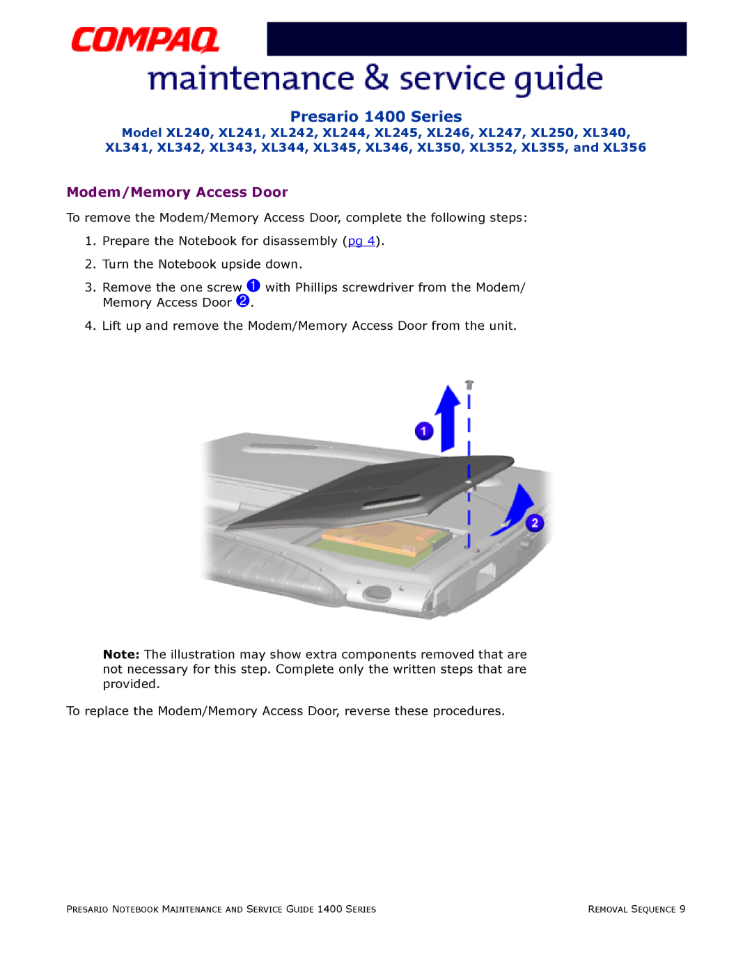 HP 14XL246, 14XL352, 14XL250, 14XL355, 14XL242 manual Modem/Memory Access Door 