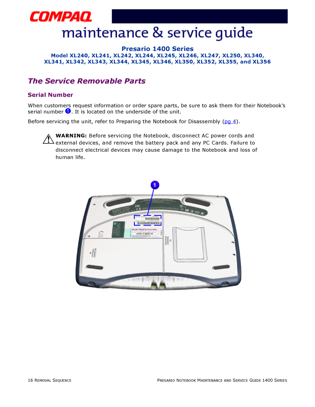 HP 14XL352, 14XL250, 14XL355, 14XL246, 14XL242 manual Service Removable Parts 