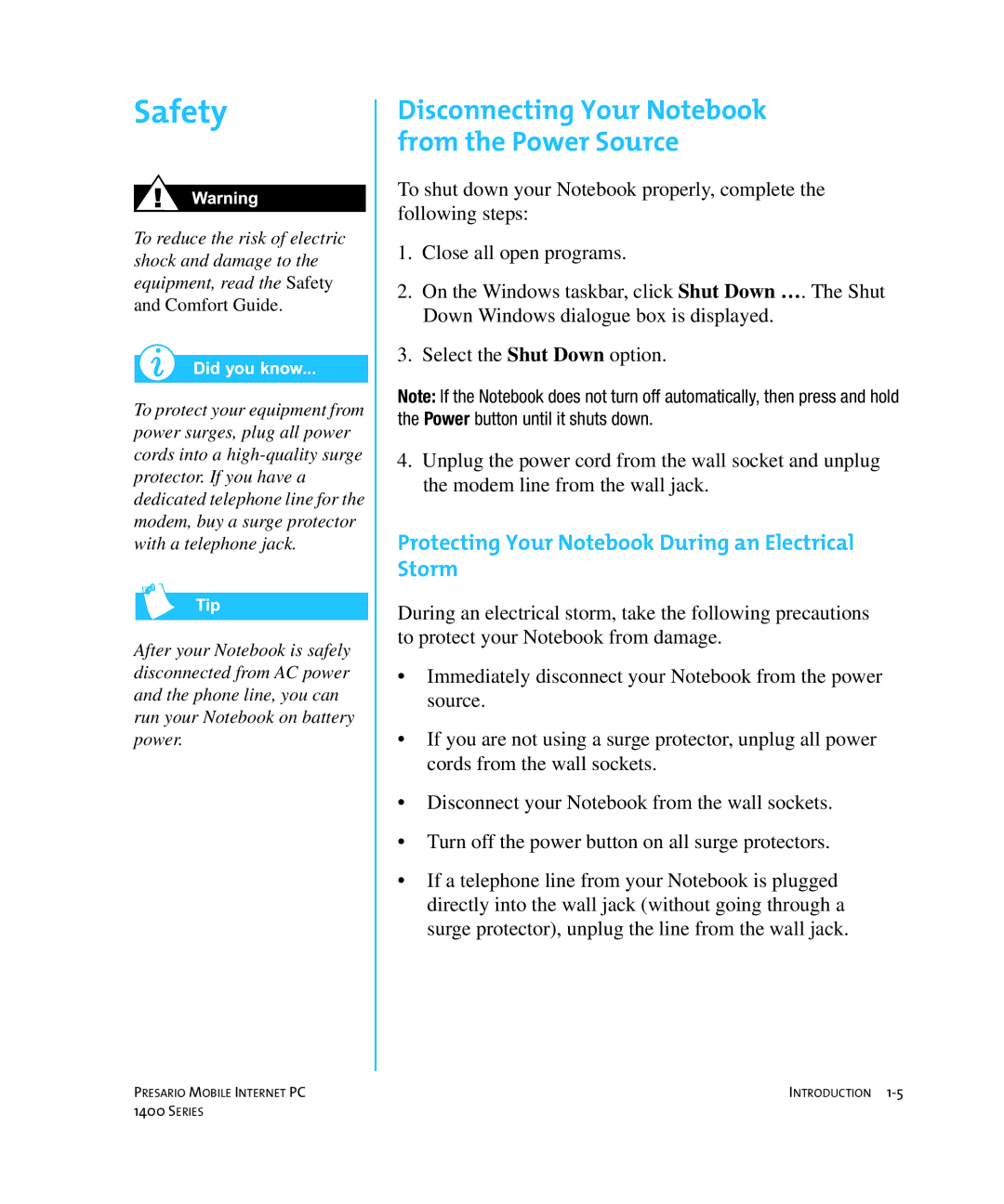 HP 14XL455 manual Safety, Protecting Your Notebook During an Electrical Storm 