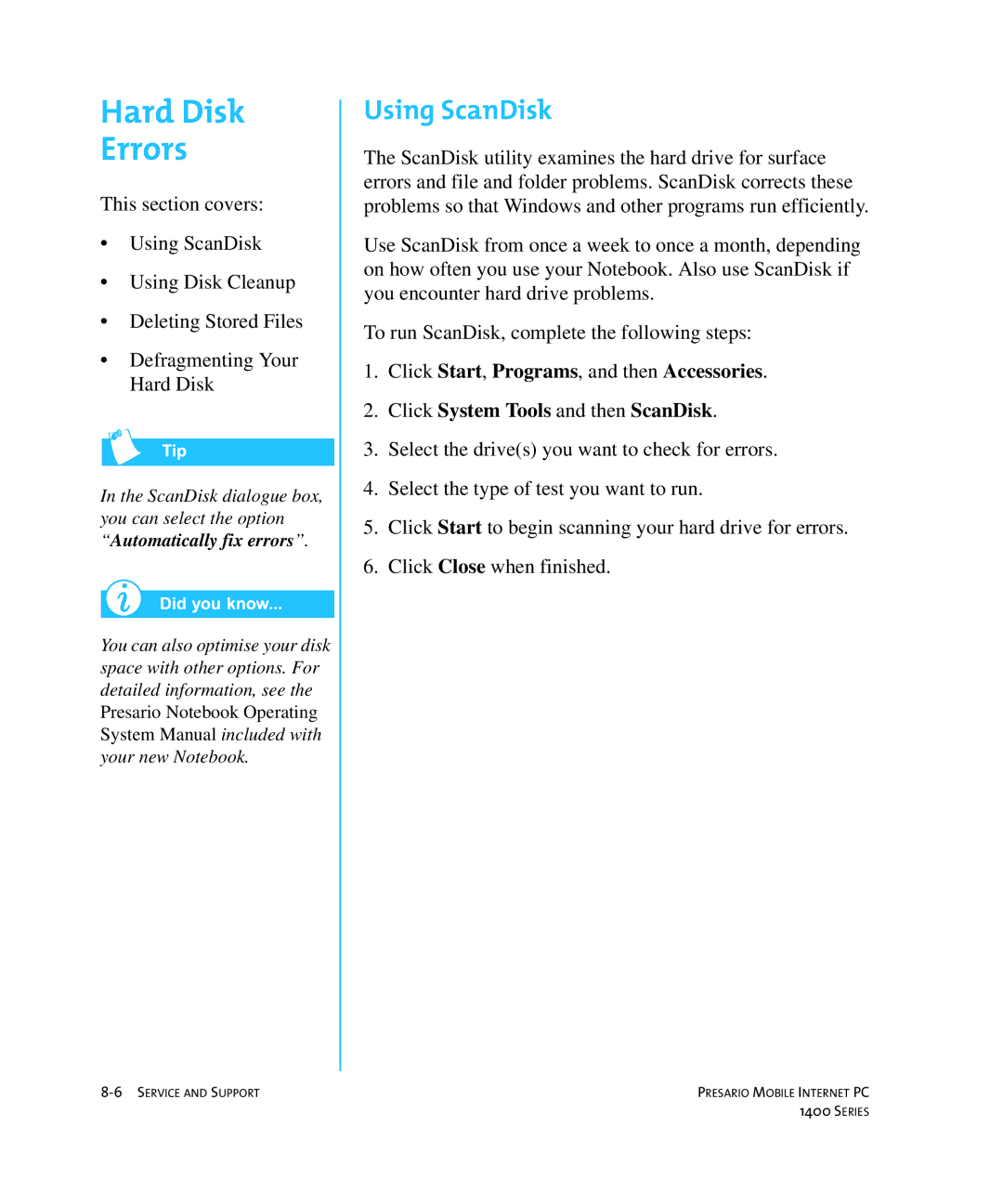 HP 14XL455 manual Hard Disk Errors, Using ScanDisk 