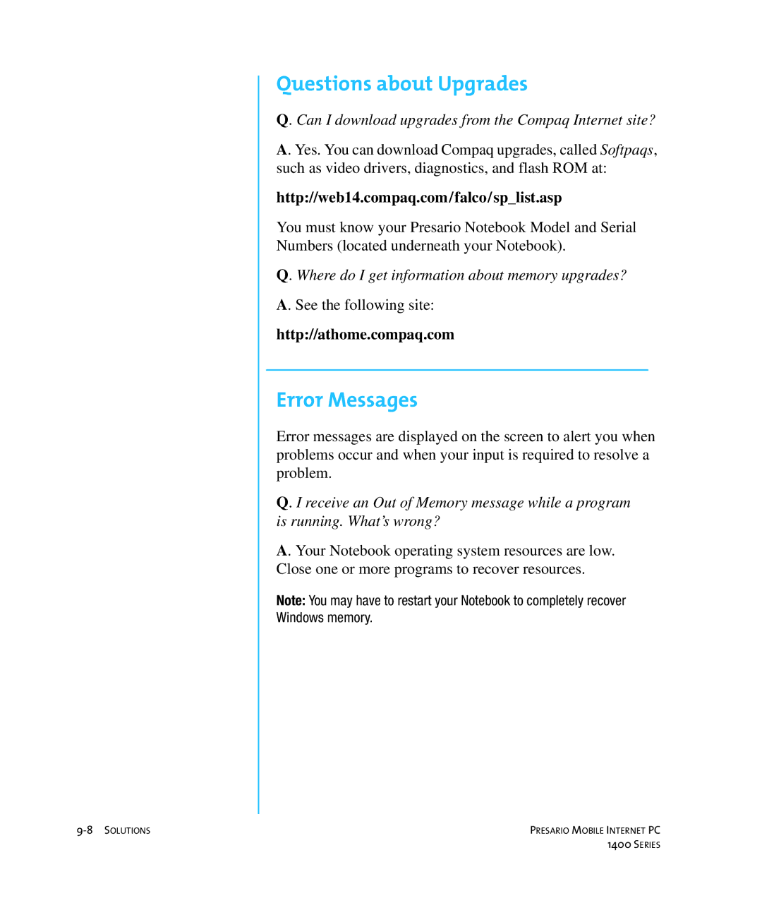 HP 14XL455 manual Questions about Upgrades, Error Messages, Can I download upgrades from the Compaq Internet site? 