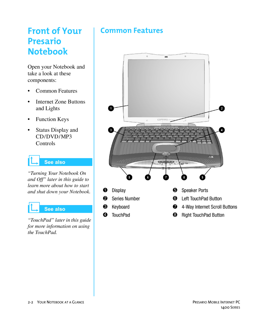 HP 14XL455 manual Front of Your Presario, Common Features 