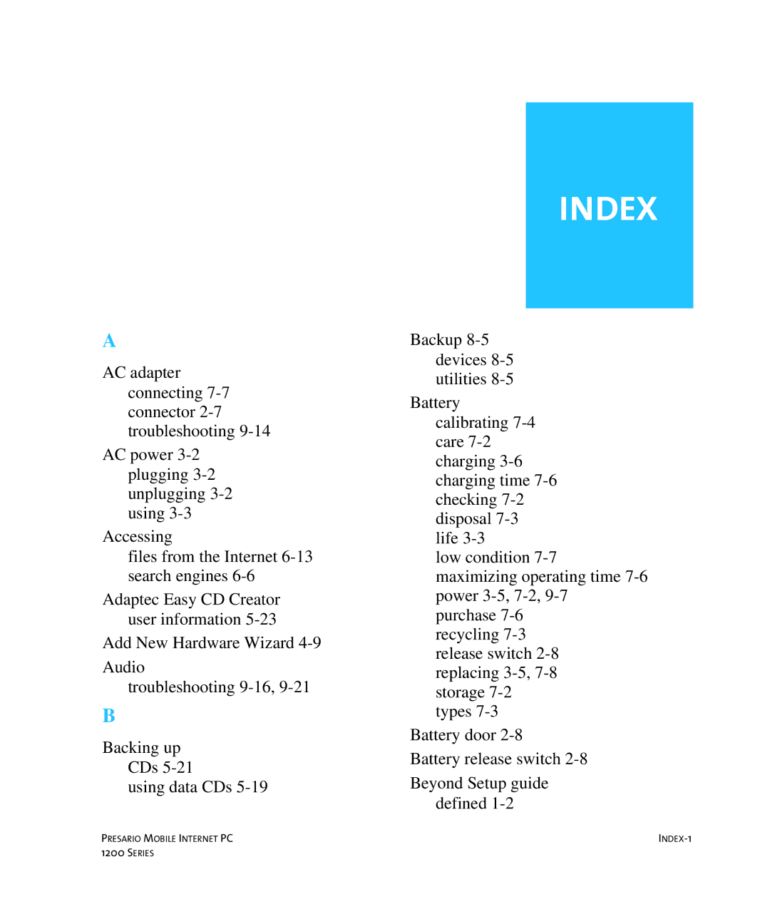 HP 14XL455 manual Index 