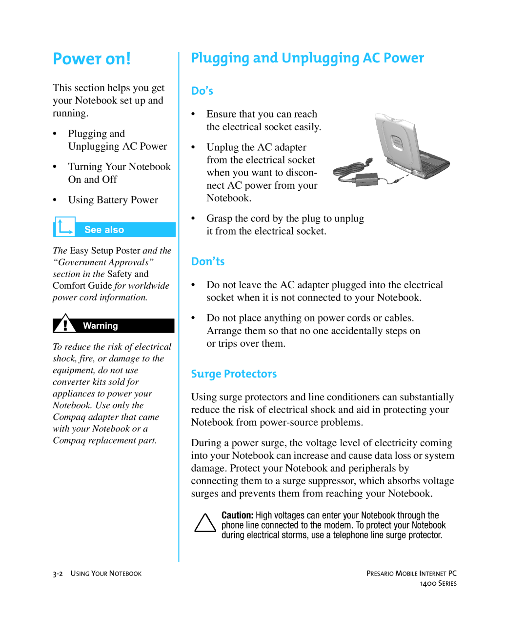 HP 14XL455 manual Power on, Plugging and Unplugging AC Power, Do’s, Don’ts, Surge Protectors 