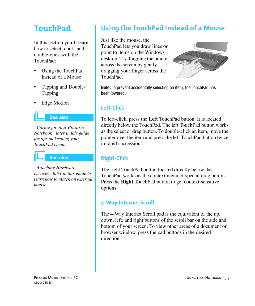 HP 14XL455 manual Using the TouchPad Instead of a Mouse, Left-Click, Right-Click, Way Internet Scroll 