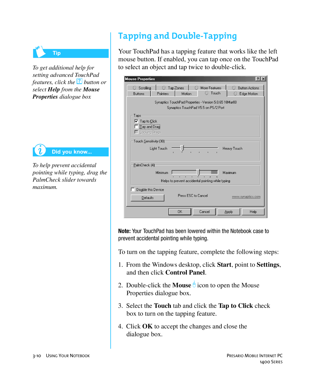 HP 14XL455 manual Tapping and Double-Tapping 