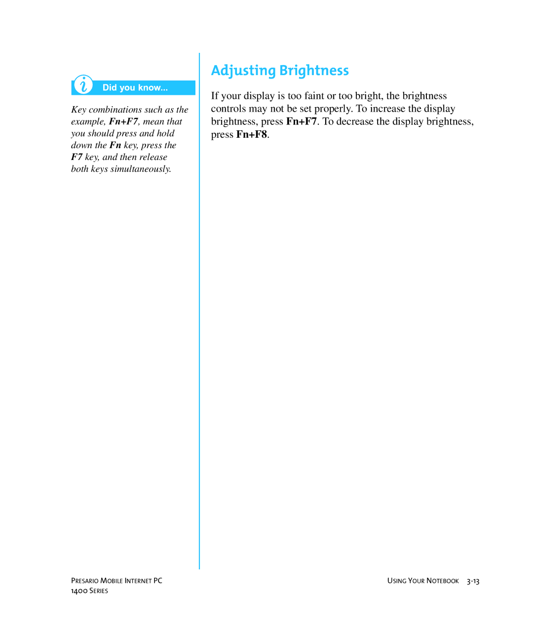 HP 14XL455 manual Adjusting Brightness 