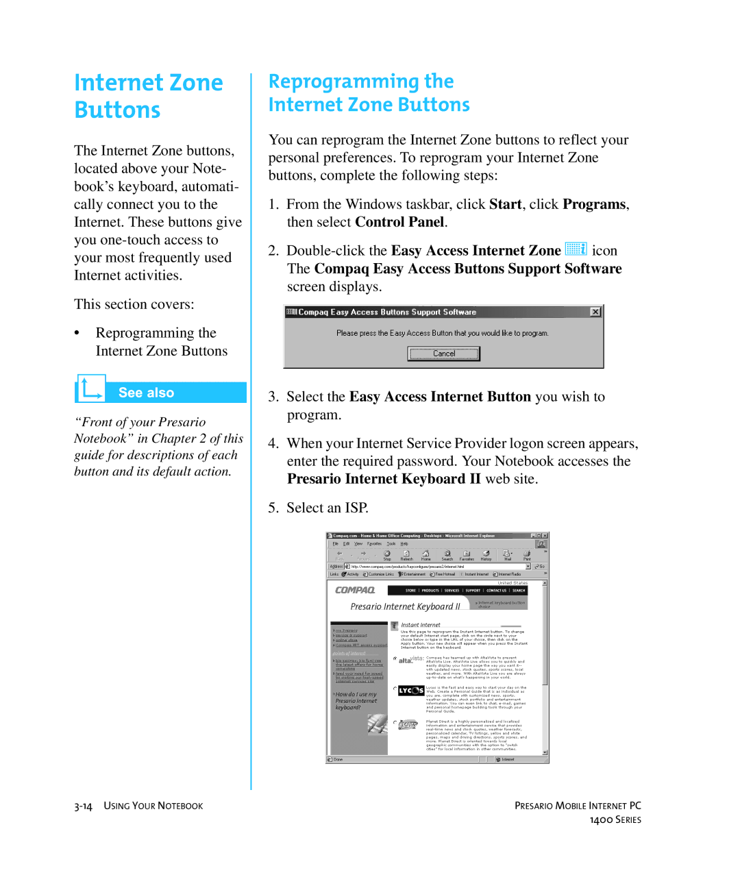 HP 14XL455 manual Reprogramming Internet Zone Buttons 