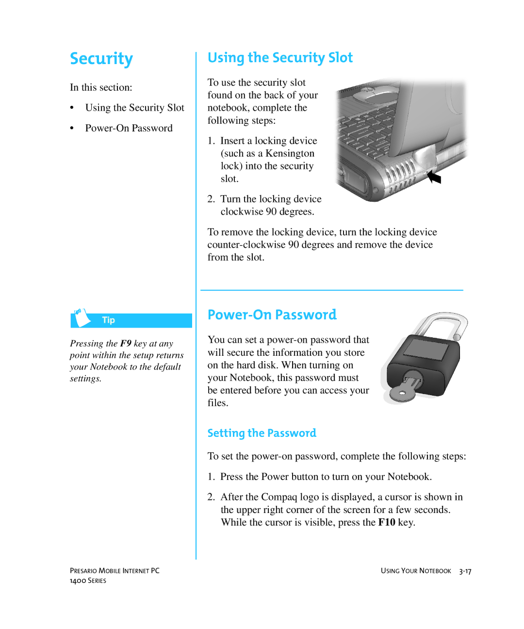 HP 14XL455 manual Using the Security Slot, Power-On Password, Setting the Password 