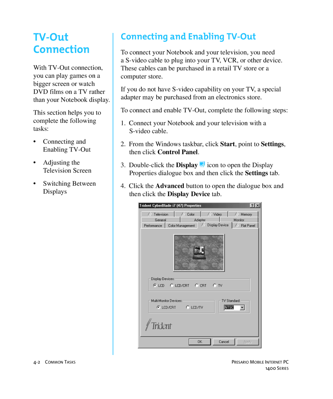 HP 14XL455 manual TV-Out Connection, Connecting and Enabling TV-Out 