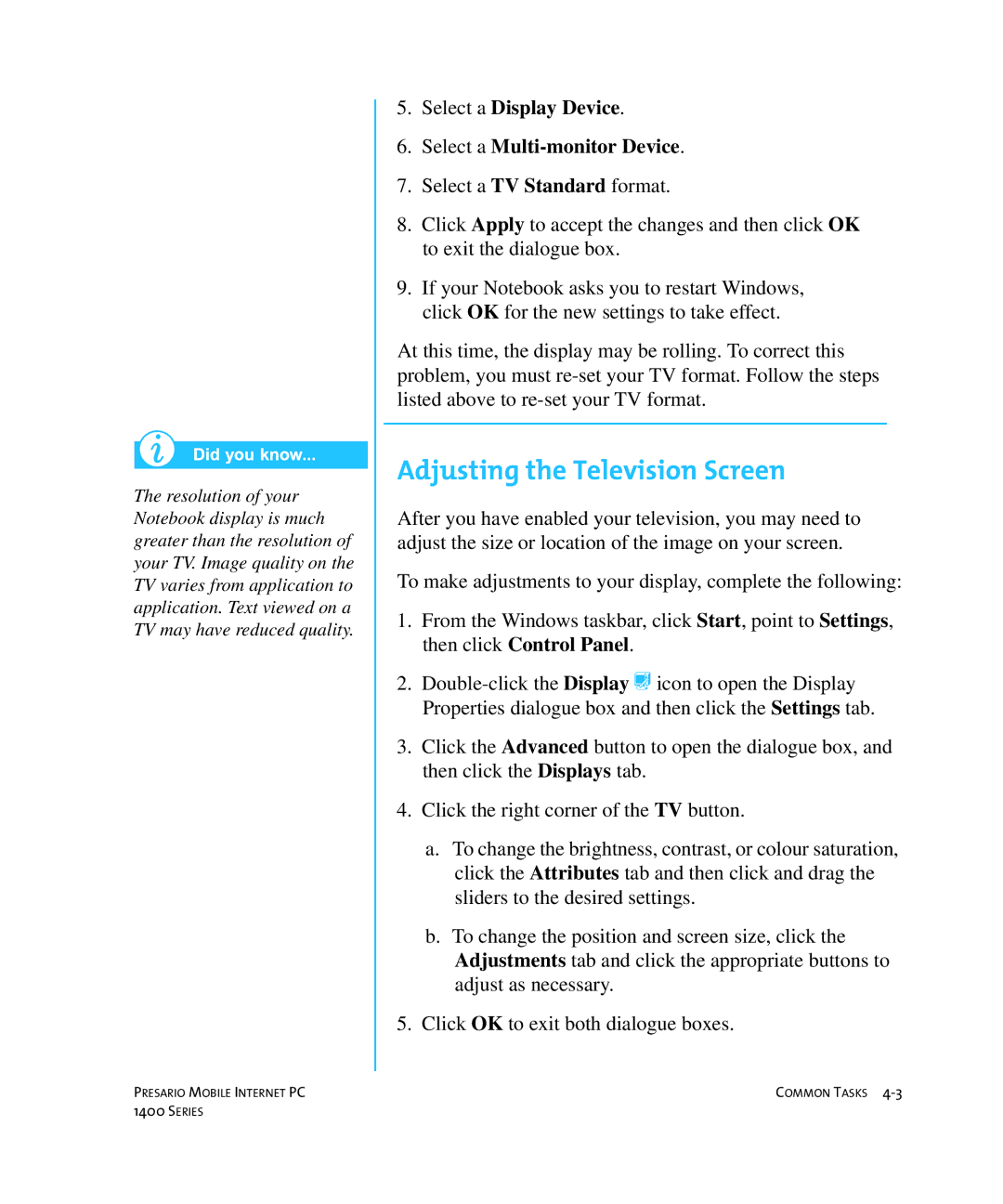 HP 14XL455 manual Adjusting the Television Screen, Select a Display Device Select a Multi-monitor Device 