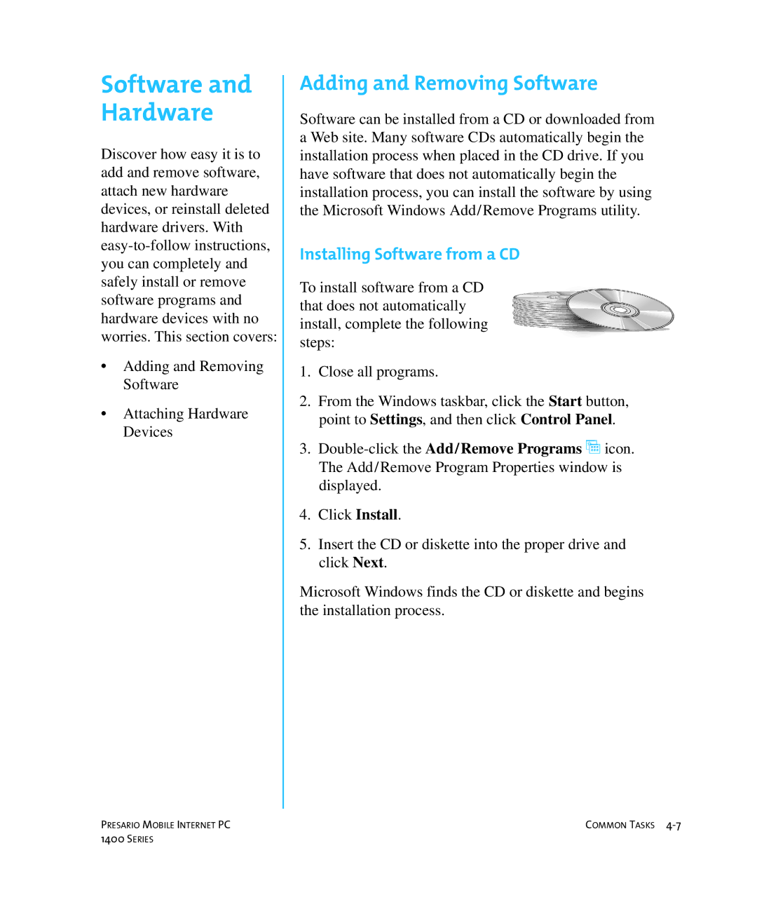 HP 14XL455 manual Adding and Removing Software, Installing Software from a CD 