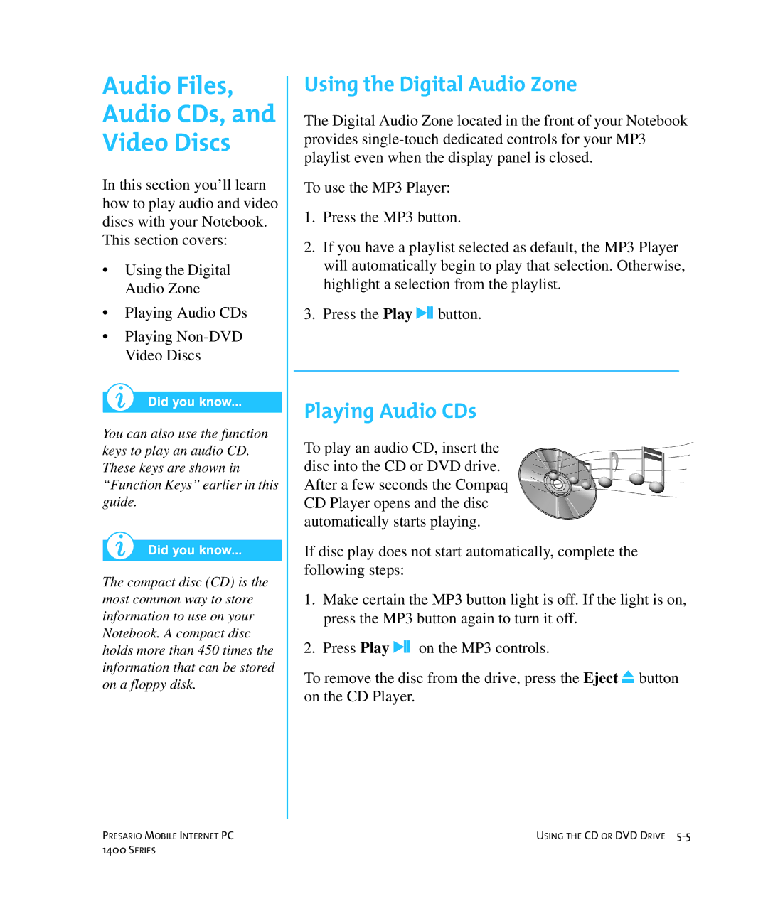 HP 14XL455 manual Audio Files Audio CDs, Video Discs, Using the Digital Audio Zone, Playing Audio CDs 