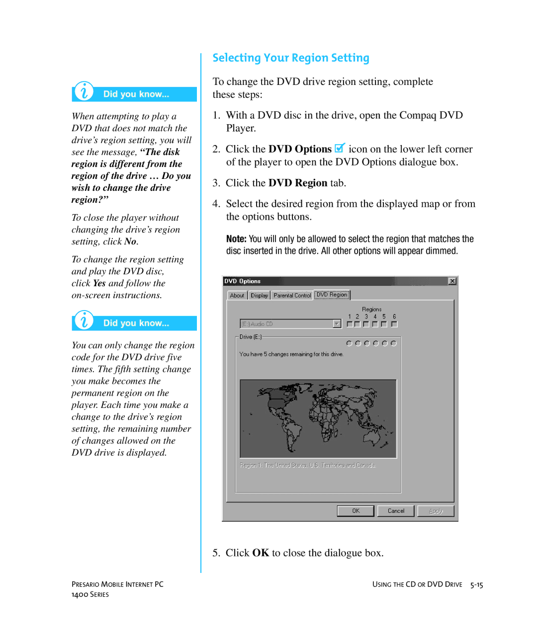 HP 14XL455 manual Selecting Your Region Setting 